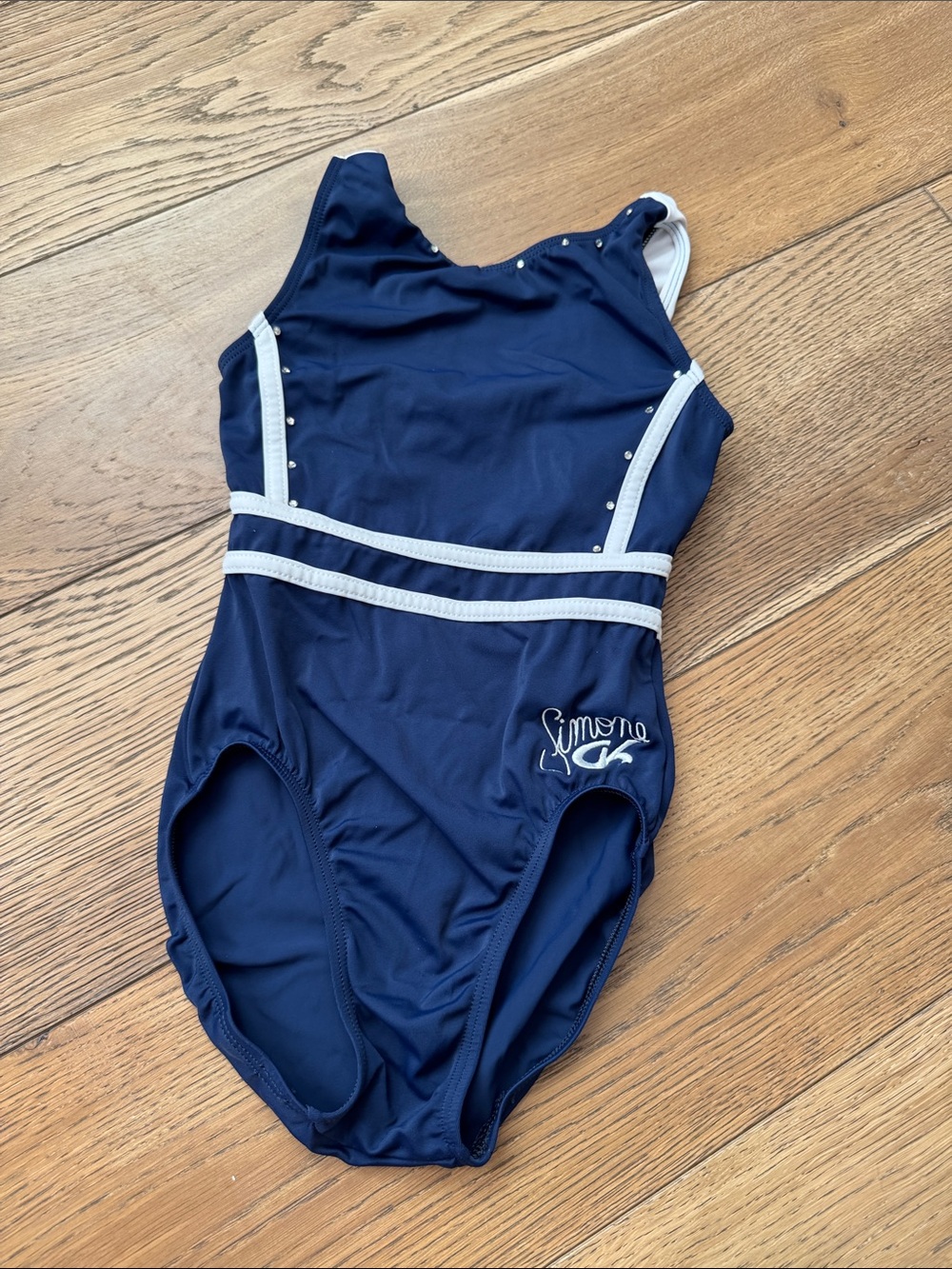 GK Navy and White Girls' One-Piece Leotard with Rhinestone Accents